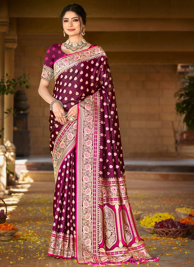 Sattin Silk Wine Wedding Wear Weaving Saree